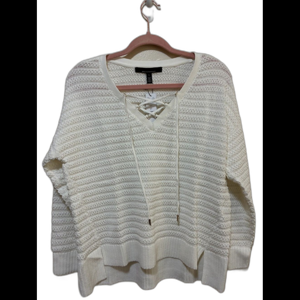 WHBM Lace-Up V-Neck Cotton Open Knit Sweater - White size large